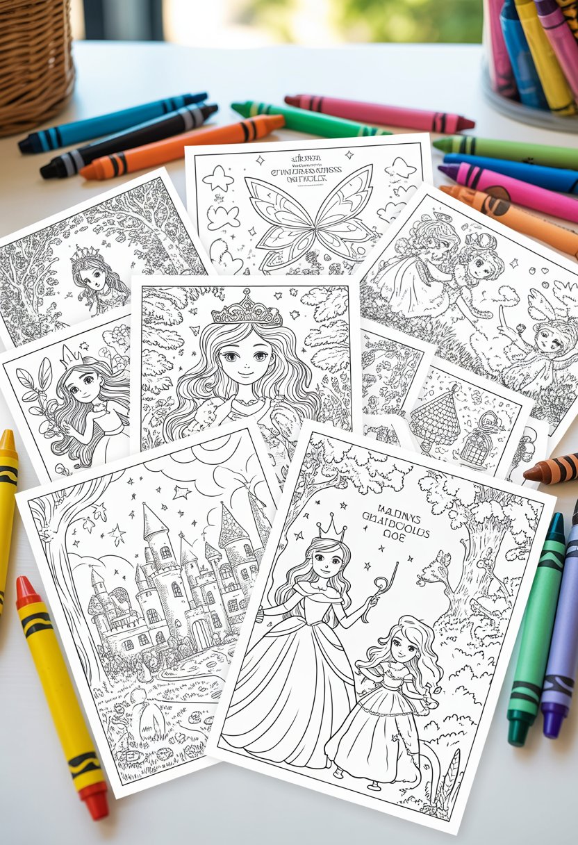 Seven princess and fairy tale themed coloring pages arranged with crayons on a white surface.