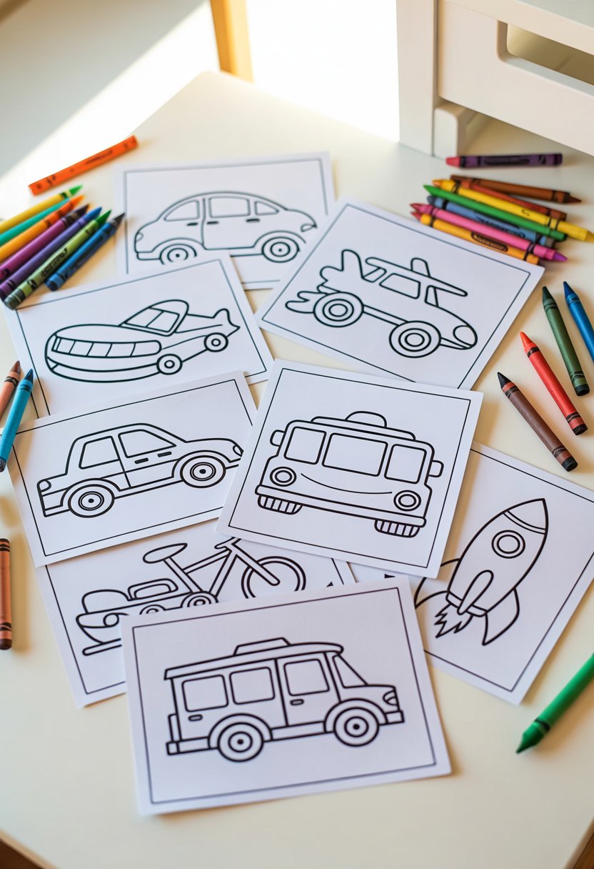 Seven transportation-themed coloring sheets for kids featuring various vehicles arranged on a white surface with crayons and markers nearby.