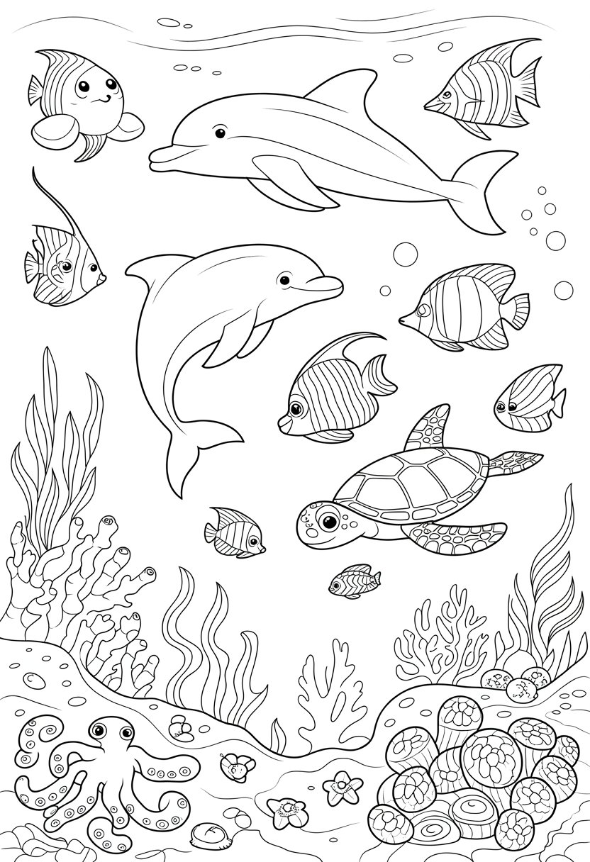 Underwater scene with dolphins, tropical fish, sea turtle, octopus, coral reefs, and seaweed.