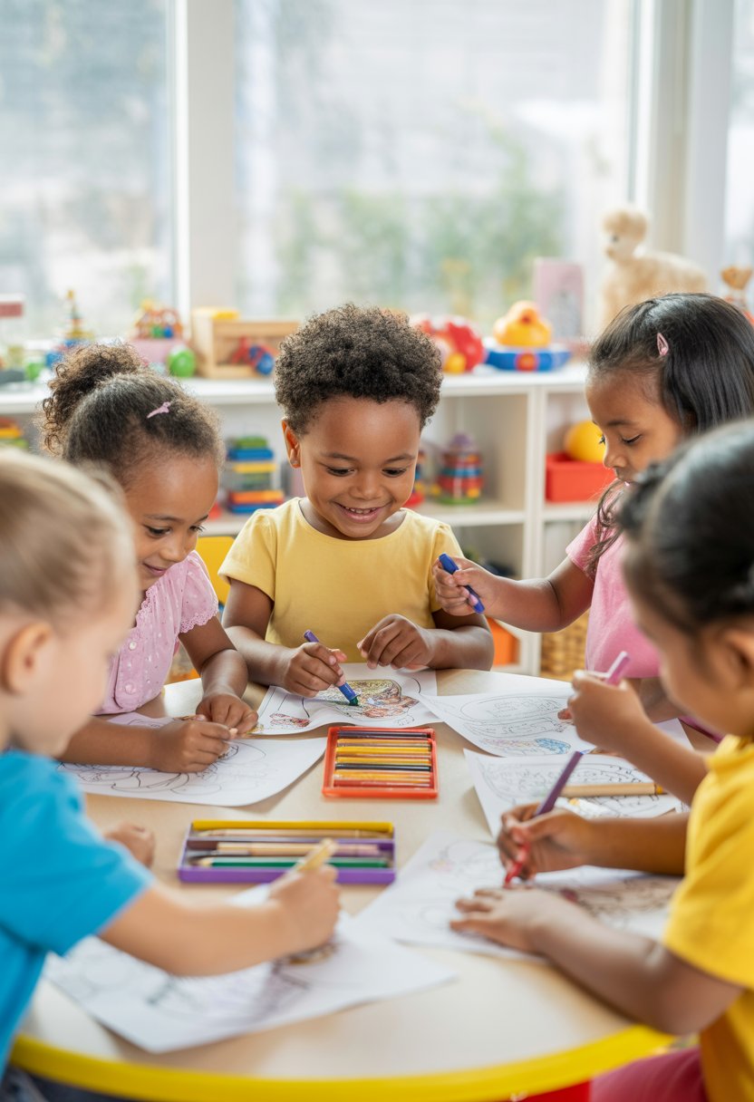 Young children sitting around a table happily coloring on pages with crayons in a bright classroom.