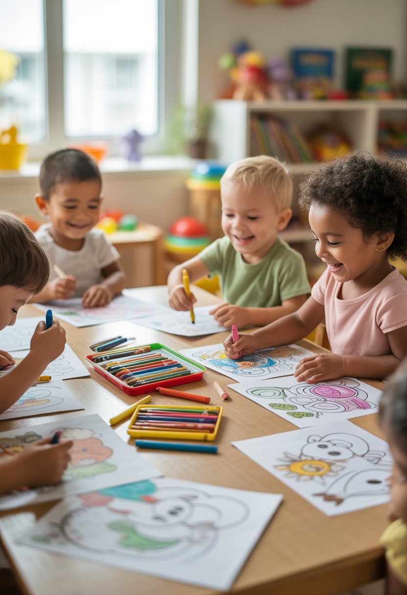 Young children sitting around a table happily coloring pictures with crayons in a bright room.