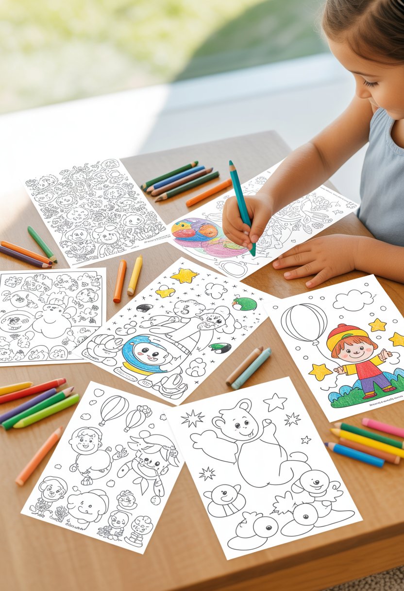Seven kids' coloring pages on a table with crayons and colored pencils, and a child's hands coloring one of the pages.