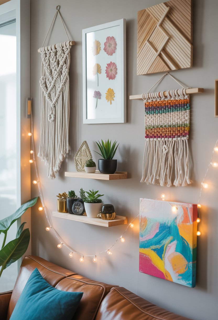 A living room wall displaying seven different DIY wall decorations including macrame, pressed flowers, wooden art, woven tapestry, shelves with plants, fairy lights, and a colorful painting.