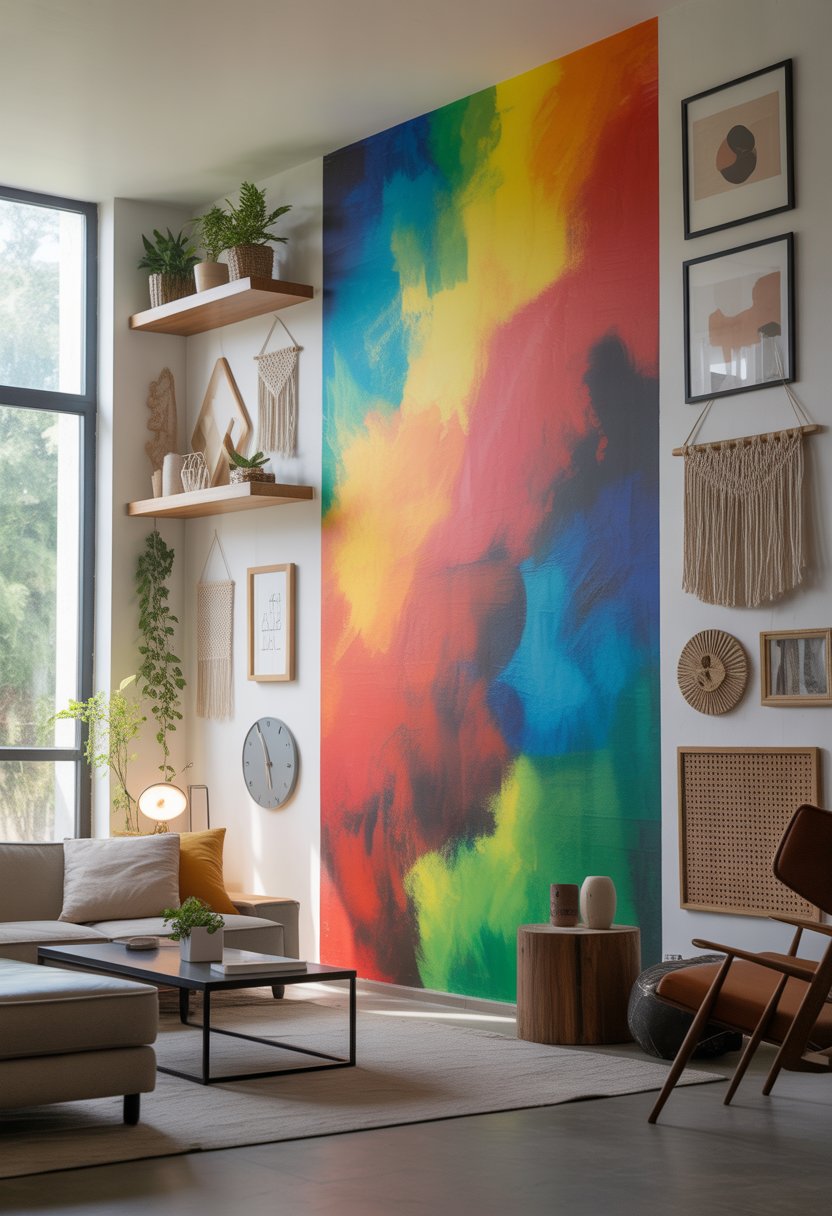 A modern living room with a large colorful abstract mural on the wall and various decorative wall elements around it.