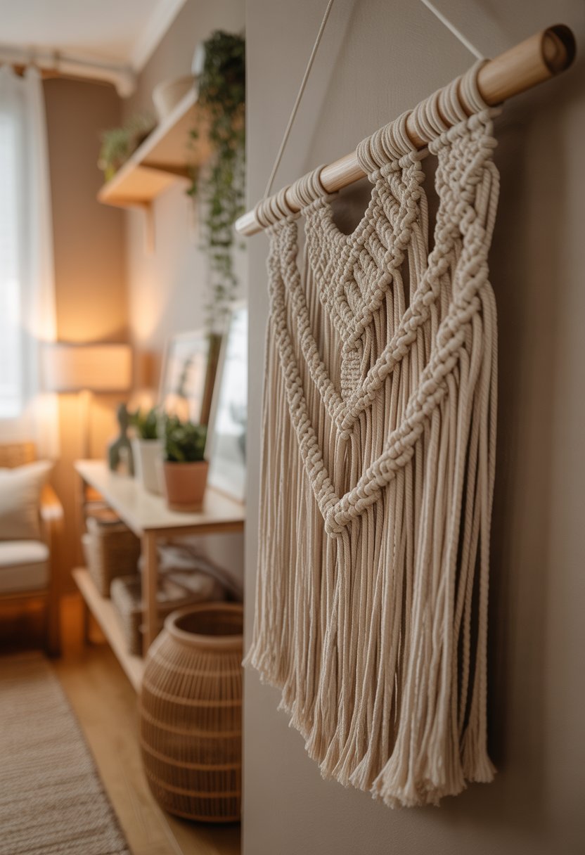 A macramé wall hanging made of natural fibers displayed on a wall in a cozy room with plants and soft natural light.