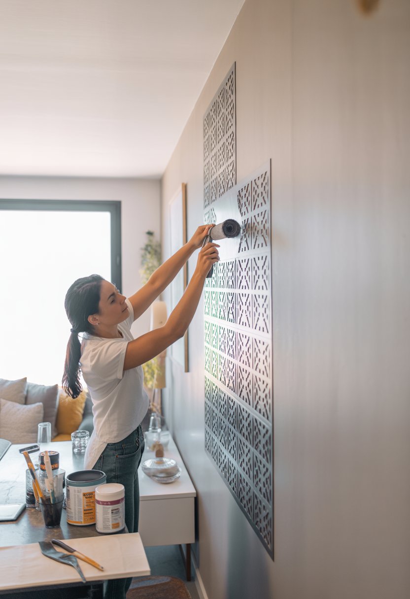 Person installing an intricate wall stencil pattern on a white wall in a bright room with DIY tools nearby.