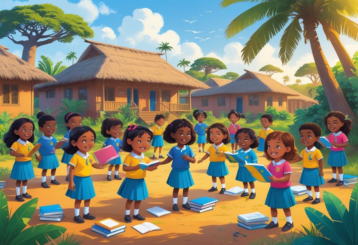 Une scène d'école à Madagascar avec des enfants en uniforme coloré apprenant à l'extérieur près de bâtiments traditionnels et d'arbres tropicaux.