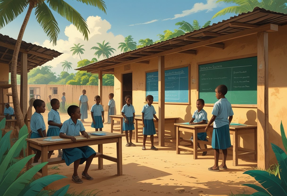 Des enfants malgaches dans une école rurale modeste entourée de végétation tropicale, avec une salle de classe simple et un enseignant aidant les élèves.