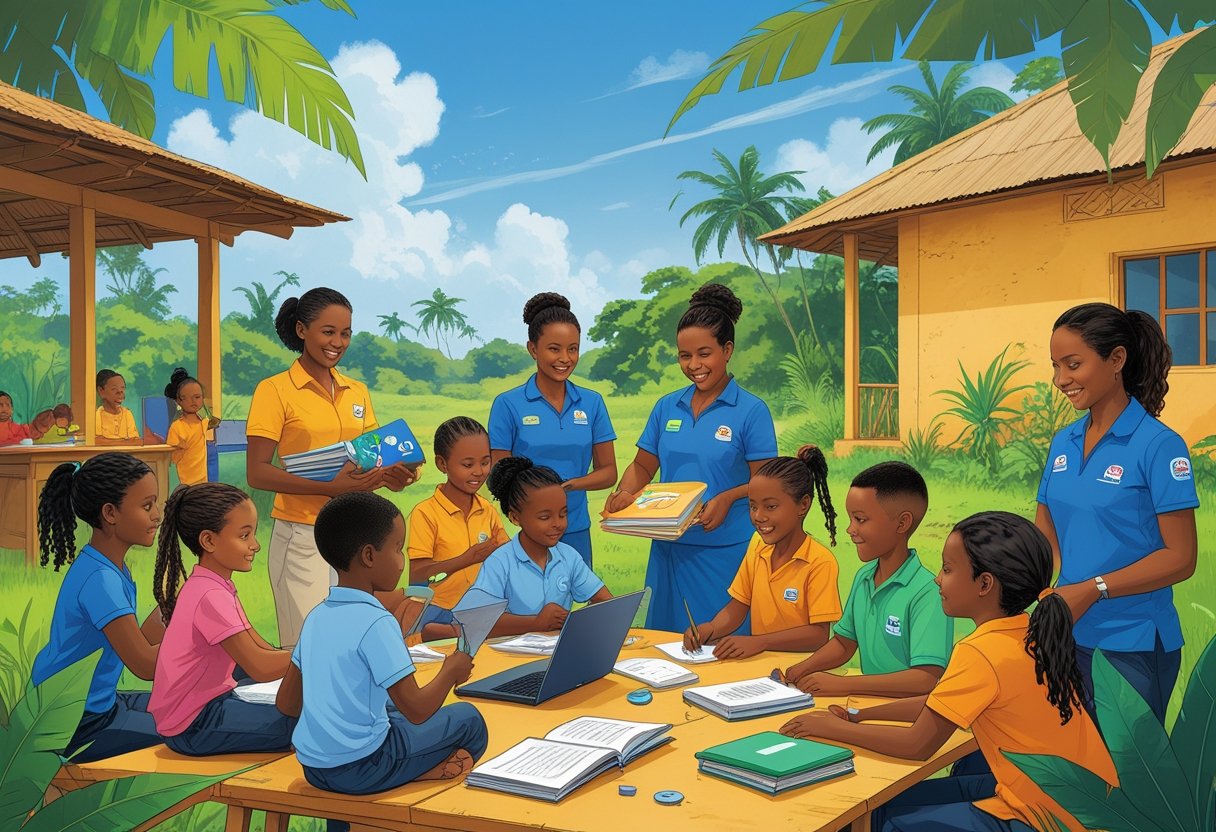 Des enfants et enseignants malgaches apprennent en plein air avec des membres d'associations et ONG qui apportent du matériel éducatif devant une école rurale à Madagascar.