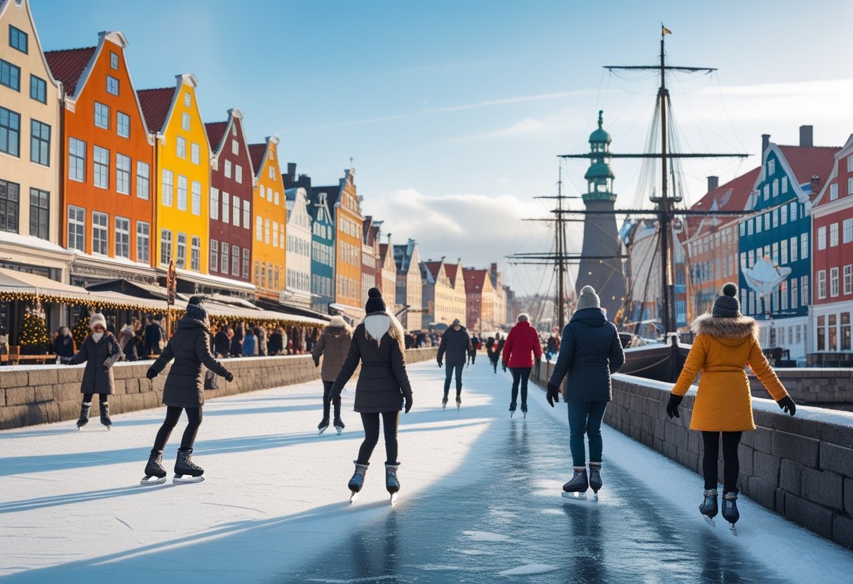 People enjoying winter activities near colorful buildings by a frozen canal in Copenhagen with the Little Mermaid statue in the background.