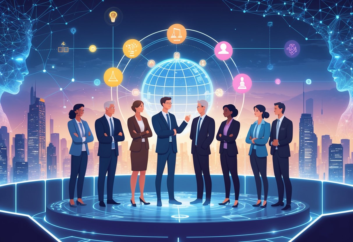 A group of diverse leaders discussing and pointing at a holographic globe with ethical symbols, standing on a platform overlooking a futuristic digital cityscape.