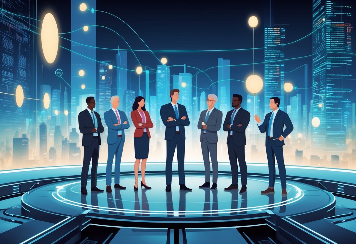 A group of diverse leaders standing together on a platform overlooking a futuristic city with glowing data streams and AI elements, engaged in discussion.