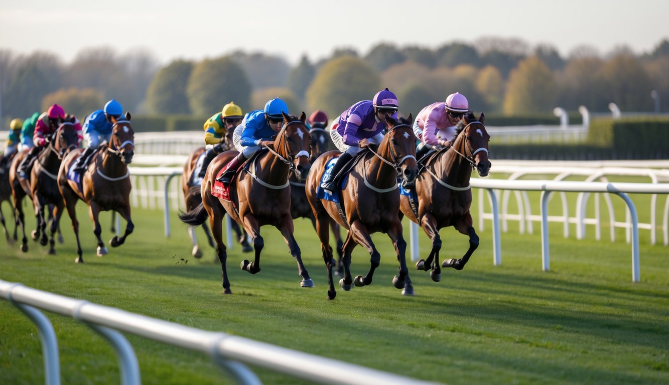 Beberapa kuda pacu dengan joki berwarna-warni sedang berlari kencang di lintasan balap kuda.