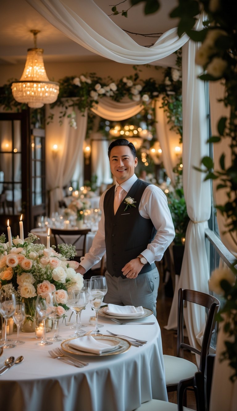 A smiling host stands in an elegantly decorated private restaurant venue prepared for an intimate wedding celebration with floral centerpieces and soft lighting.