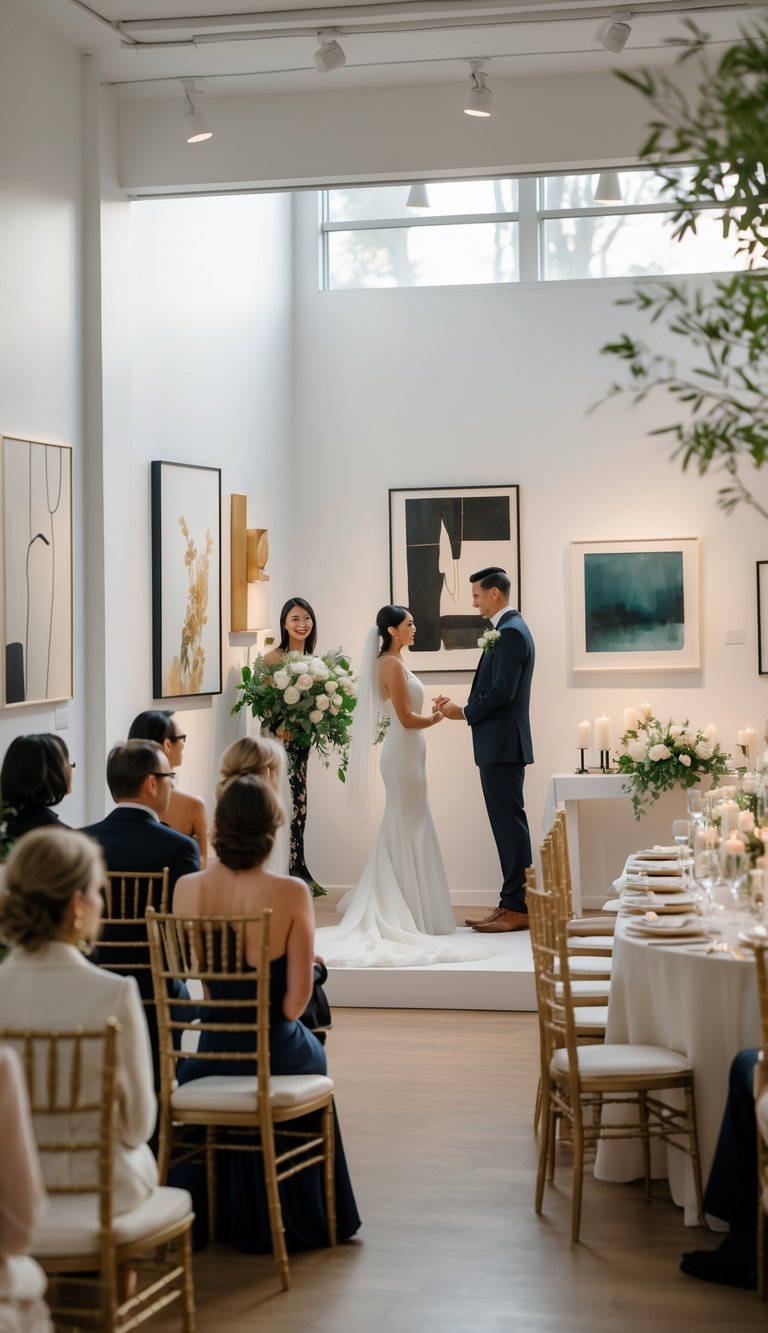 A small wedding ceremony and reception taking place inside an art gallery with guests seated around the couple and decorated tables nearby.