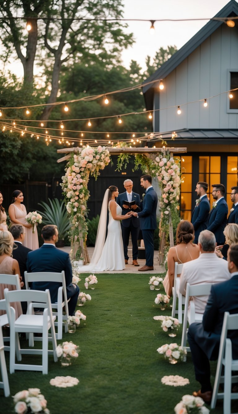 A small outdoor wedding ceremony setup in a backyard with a wooden floral arch, white chairs, string lights, and a modern house in the background.