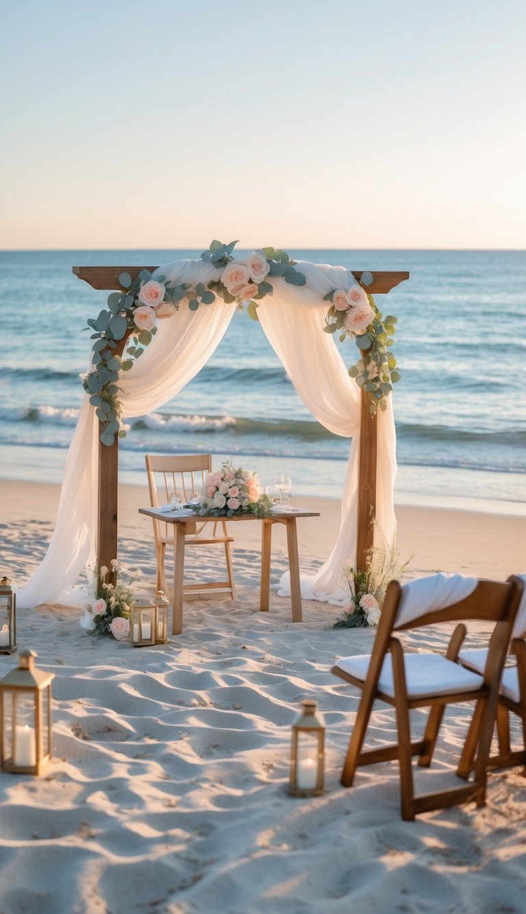 A small wedding arch decorated with white fabric and flowers on a sandy beach with a few chairs and a table, overlooking calm ocean waves under a clear sky.