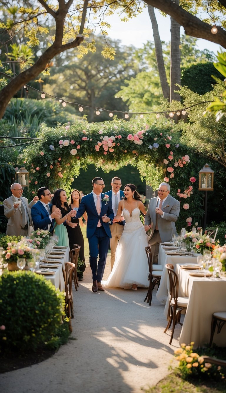 A couple celebrating their wedding outdoors in a botanical garden surrounded by guests, flowers, and greenery.