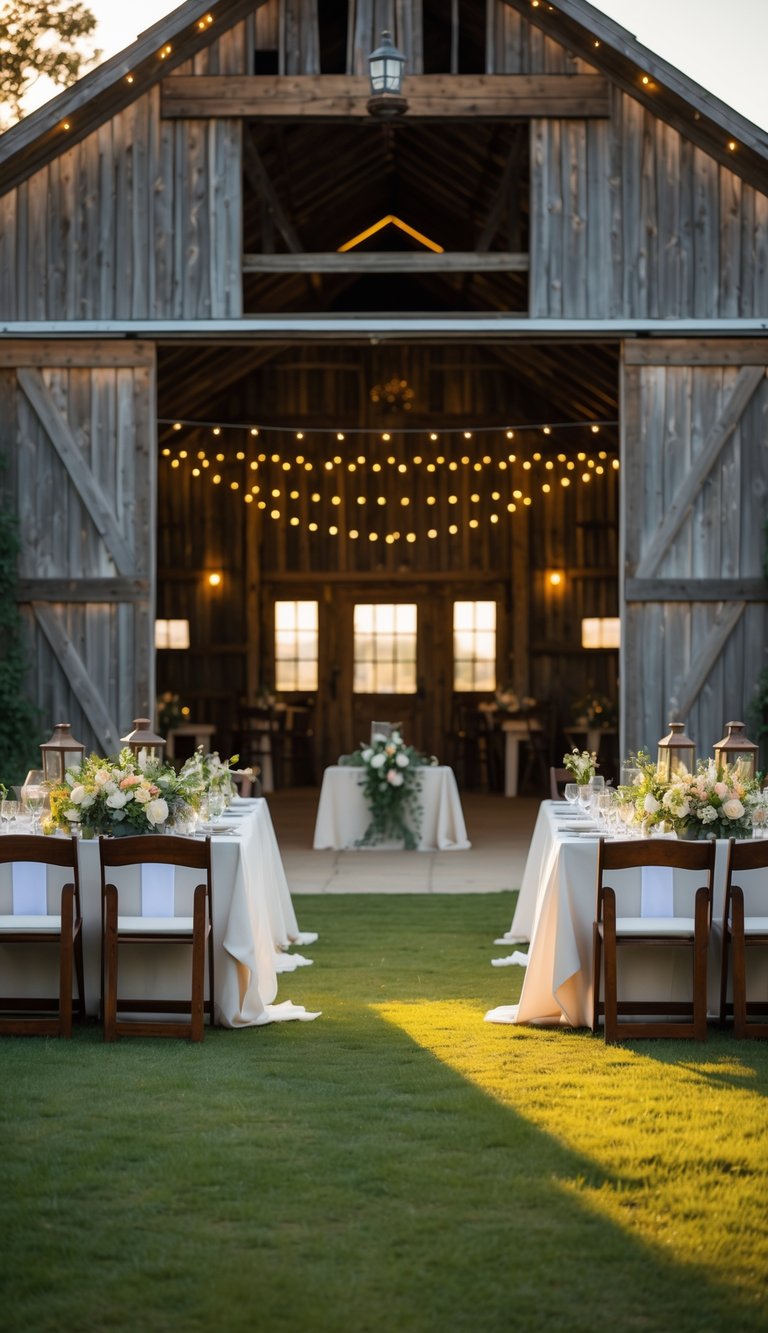 Rustic barn set up as a private wedding venue with decorated tables and chairs, surrounded by greenery and soft sunlight.