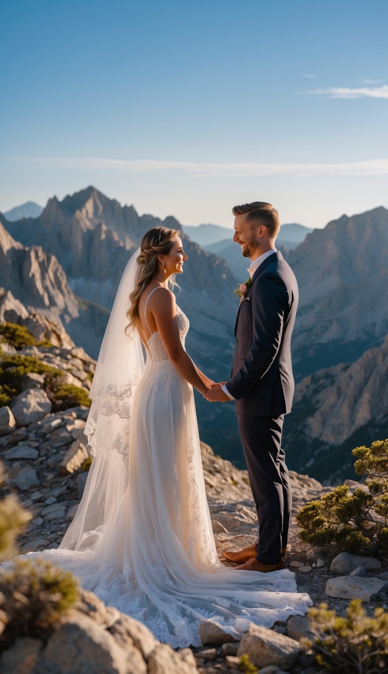A couple exchanging wedding vows on a mountaintop with mountain ranges and clear sky in the background.