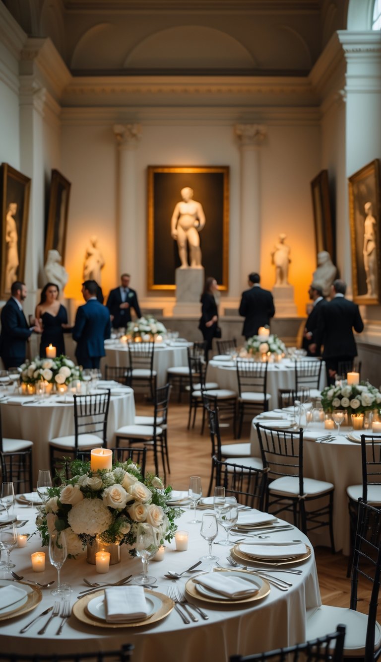 A private room in a museum set up for a wedding reception with decorated tables and guests in formal attire.