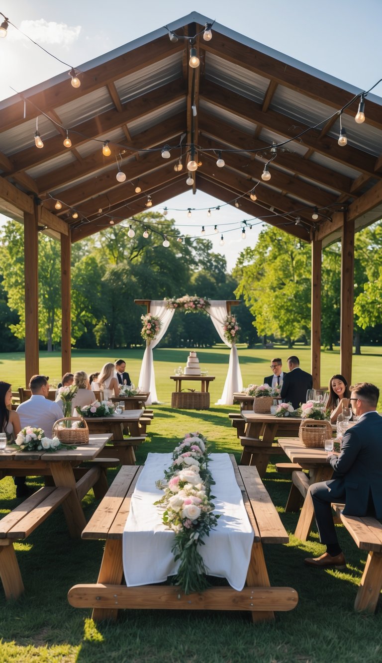 A wedding celebration in a park shelter with guests seated at decorated wooden tables surrounded by trees and sunlight.