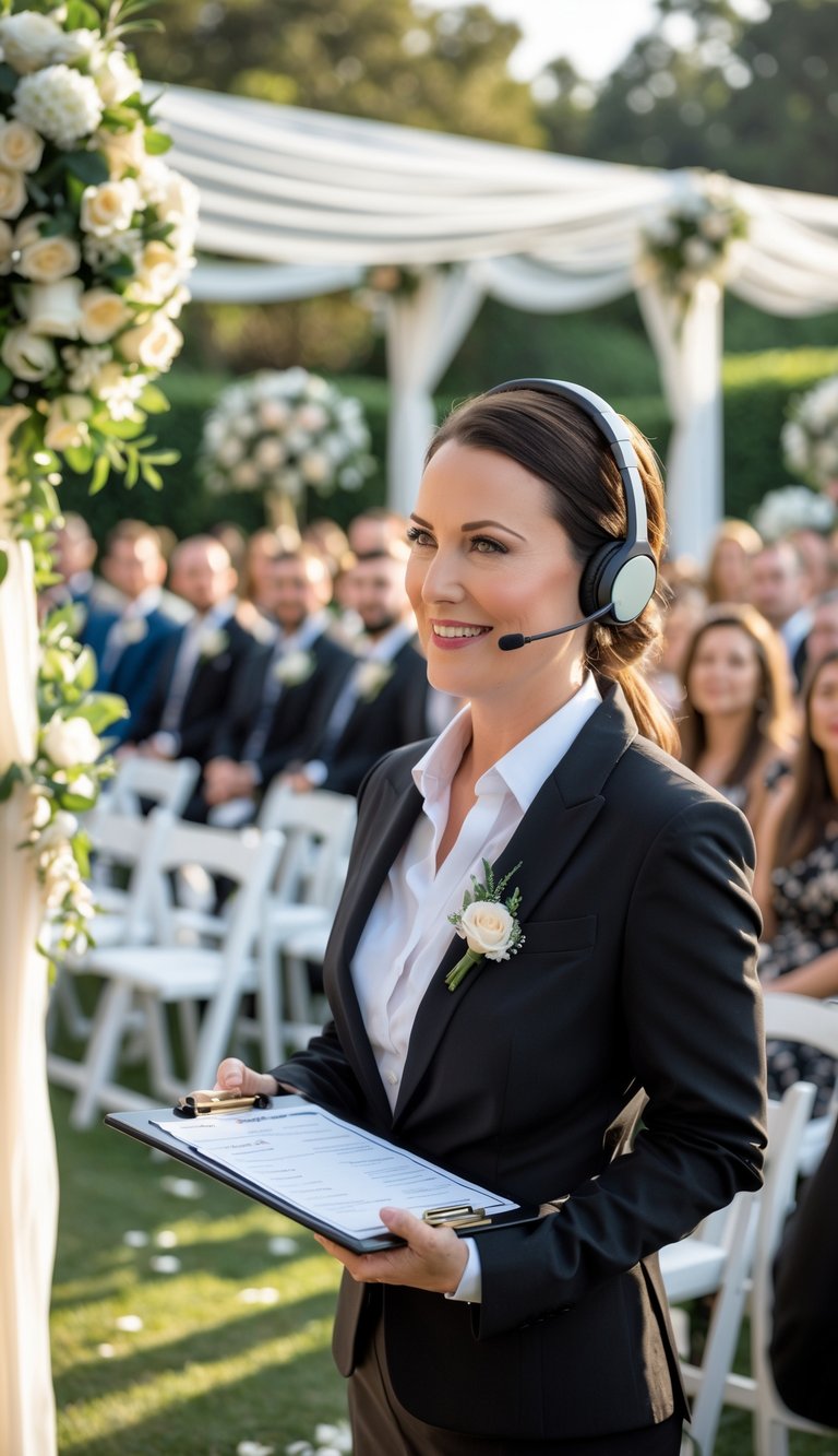 A wedding day-of coordinator managing an outdoor wedding ceremony with guests seated and floral decorations around.