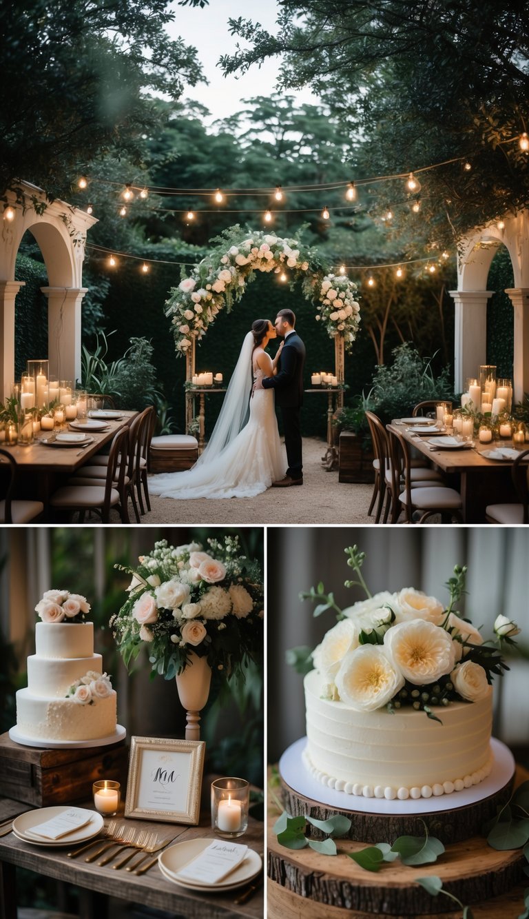 An intimate outdoor wedding scene with floral arches, candlelit tables, a wedding cake, and a couple exchanging vows surrounded by greenery and soft lighting.