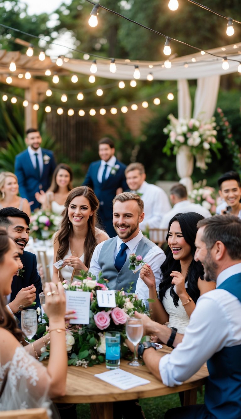 Guests at a wedding reception playing interactive games and enjoying themselves outdoors.
