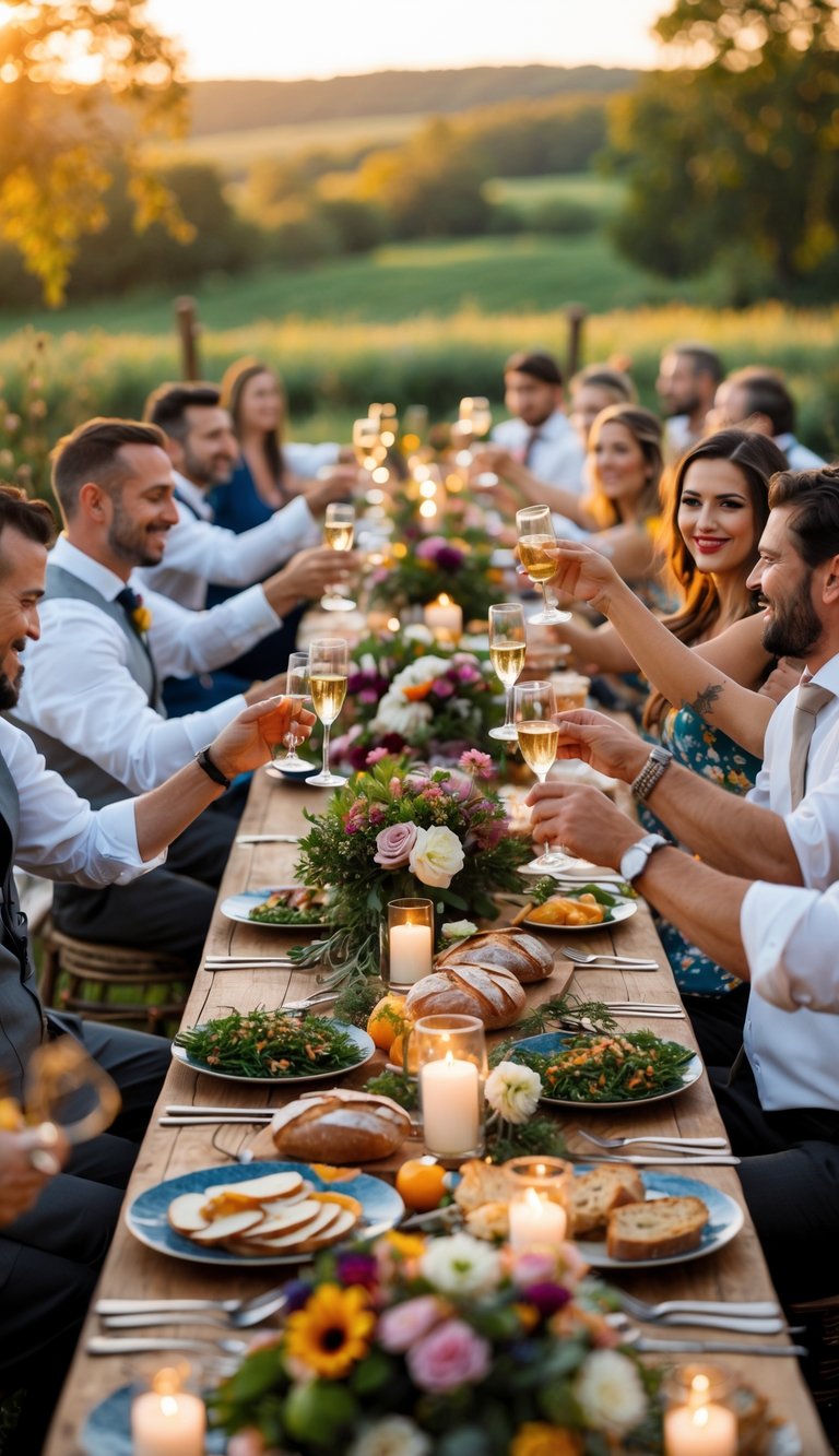 An outdoor private wedding reception with guests enjoying a long table filled with local dishes and floral decorations in a countryside setting.