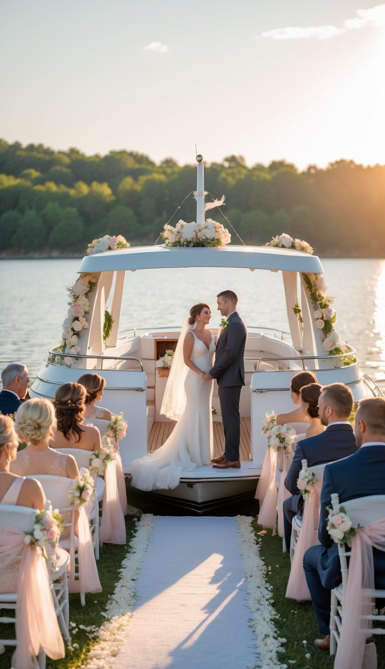 A couple standing on a decorated boat surrounded by seated guests during a private wedding ceremony on a calm lake.