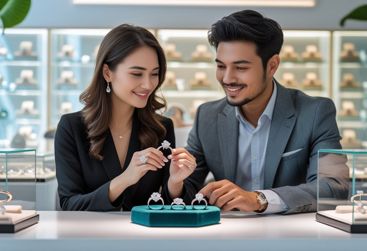 A young couple looking at engagement rings together at a jewellery store counter.