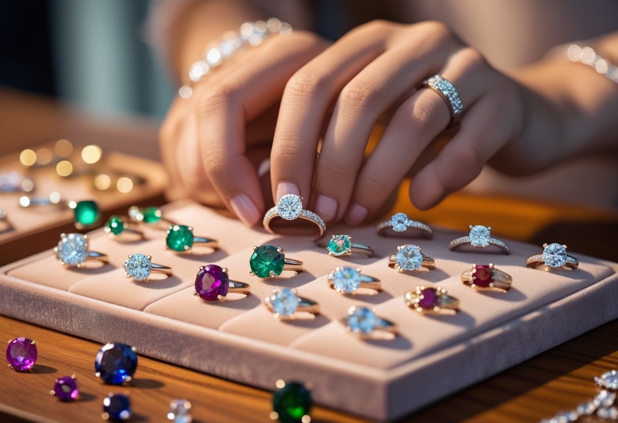 A close-up of a person selecting an engagement ring from a display of rings with various gemstones and diamonds on a wooden table.