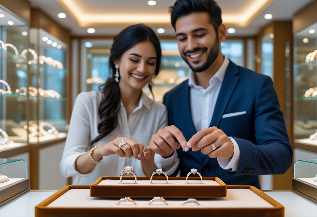 An engaged couple looking at wedding rings in a jewellery store with a jeweller showing them a selection.