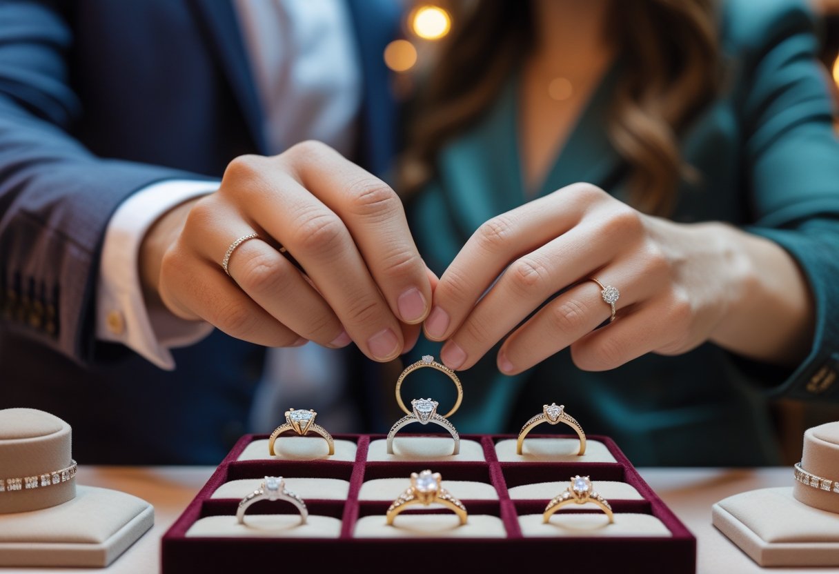 A couple's hands holding and examining wedding rings together in a jewellery store.