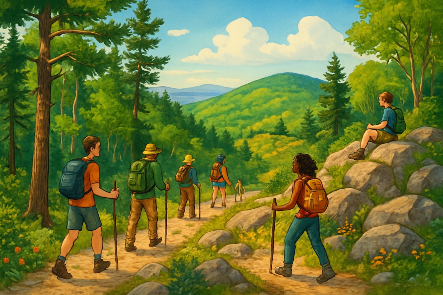 A scenic hiking trail in a forested park with people walking along the path surrounded by trees, hills, and a distant view of water.