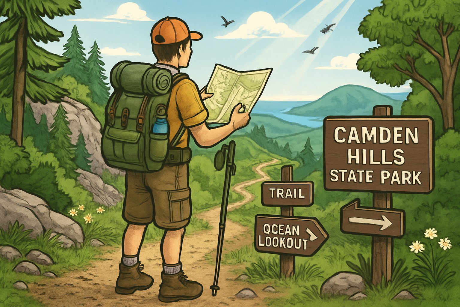 A hiker with gear standing at the start of a trail in a forested park with hills and a distant coastline.