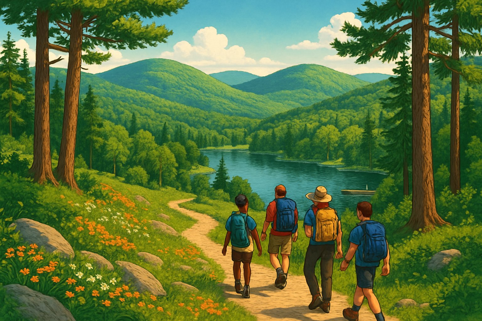 A scenic view of green hills, forest, a hiking trail, and a calm lake with hikers walking along the path.