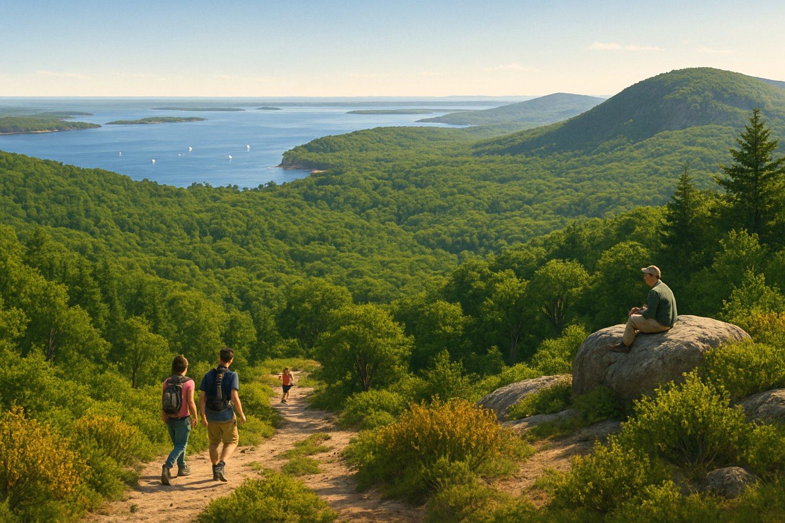 A scenic view of a forested hill with hiking trails and people overlooking a bay with blue water under a clear sky.