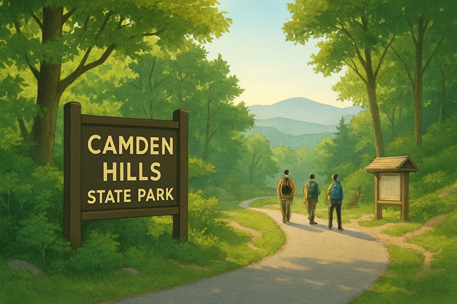 Entrance to a green forested park with a path leading into hills and mountains, with a few people walking and an information kiosk nearby.