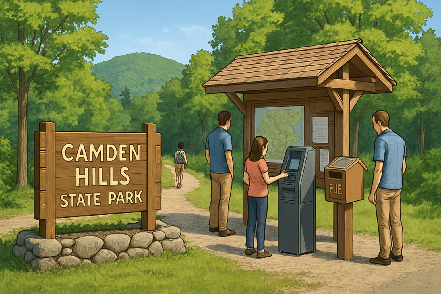 Visitors at the entrance of a forested state park using a payment station near a wooden sign and information kiosk with walking trails and trees in the background.