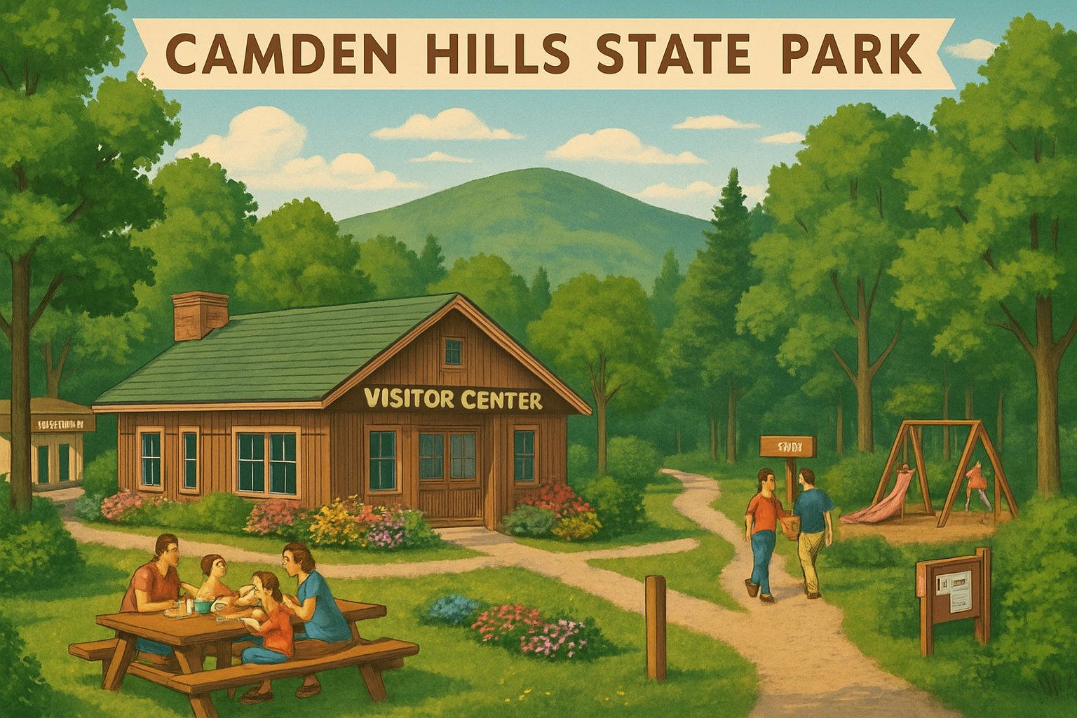 A daytime scene of Camden Hills State Park with a visitor center, picnic tables, playground, walking trails, hills, and parked cars.