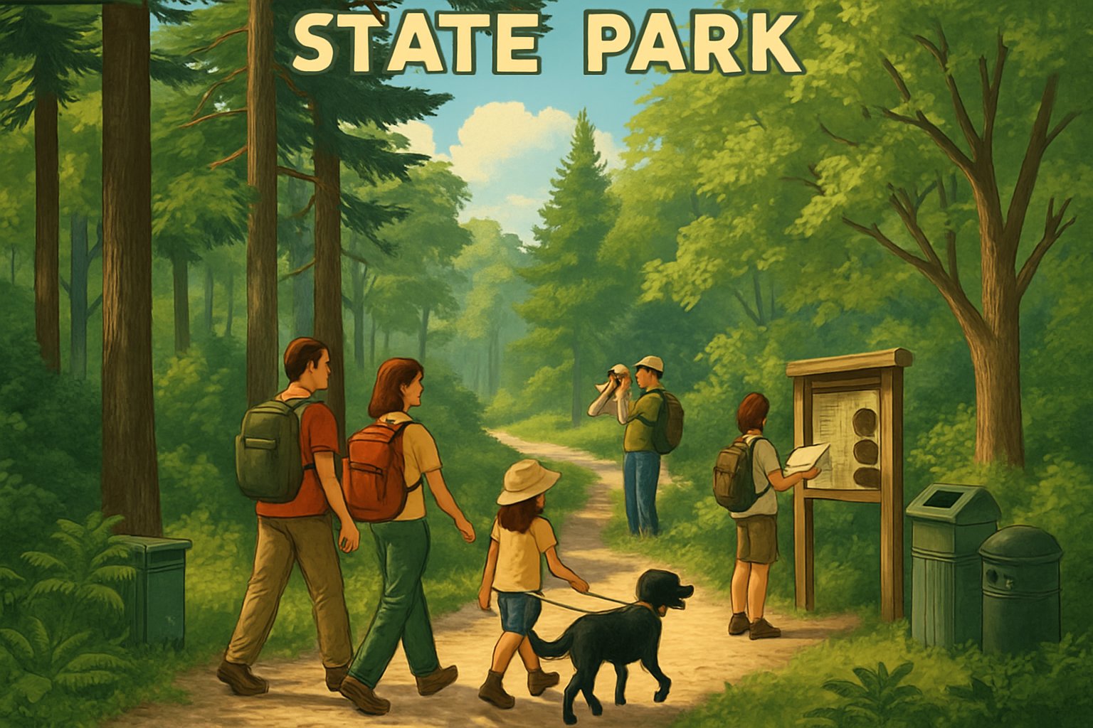 A peaceful forest trail in Camden Hills State Park with visitors hiking, walking a dog on a leash, and observing nature under a sunny sky.
