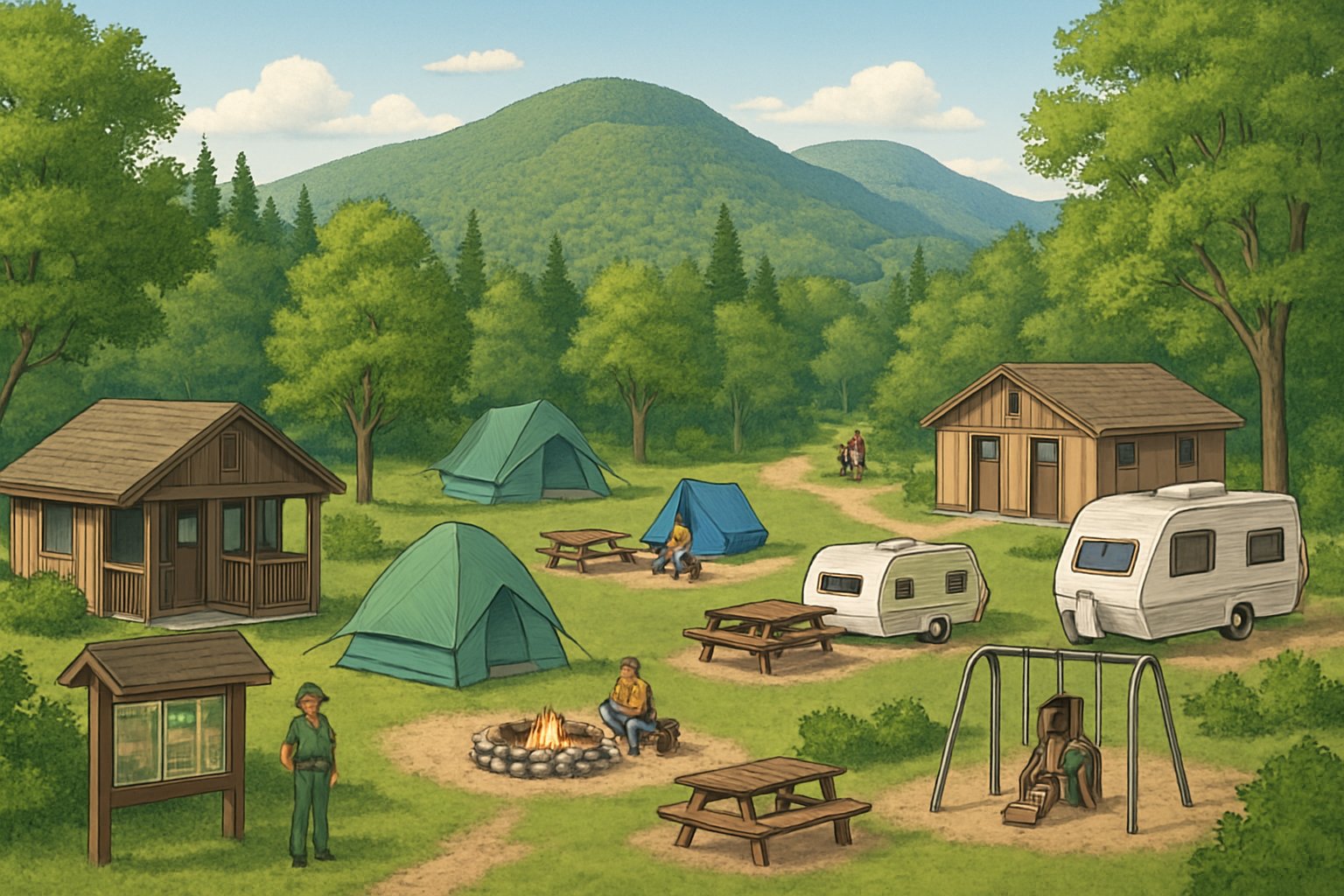 A campground with tents, RVs, picnic tables, restrooms, a playground, hiking trails, and scenic hills in the background.