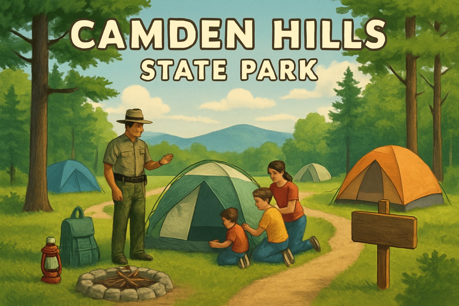 A campsite with tents, trees, hills, a family setting up a tent, and a park ranger assisting nearby.