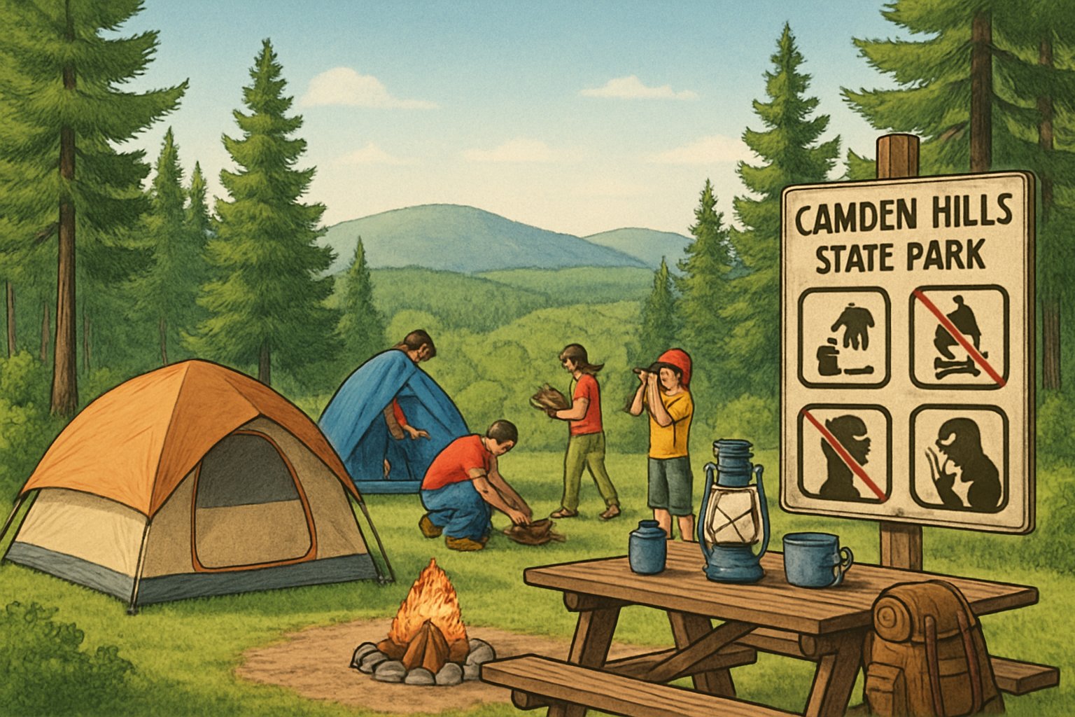 A peaceful campground in a forested park with a tent, campfire, picnic table, and campers enjoying outdoor activities surrounded by trees and hills.