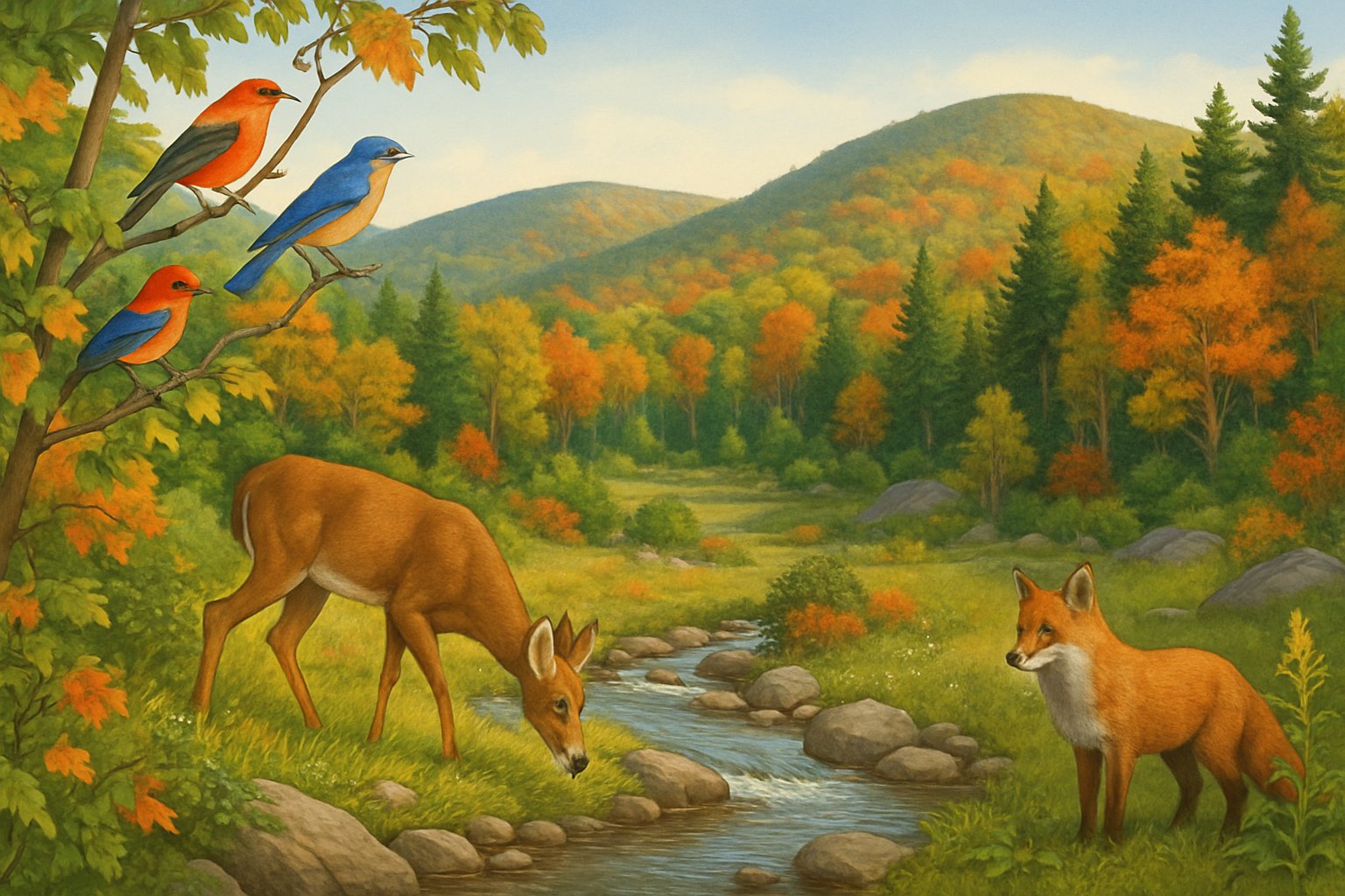 A peaceful natural landscape of Camden Hills with green and autumn-colored trees, a deer by a stream, birds in the trees, and a fox nearby under a clear sky.