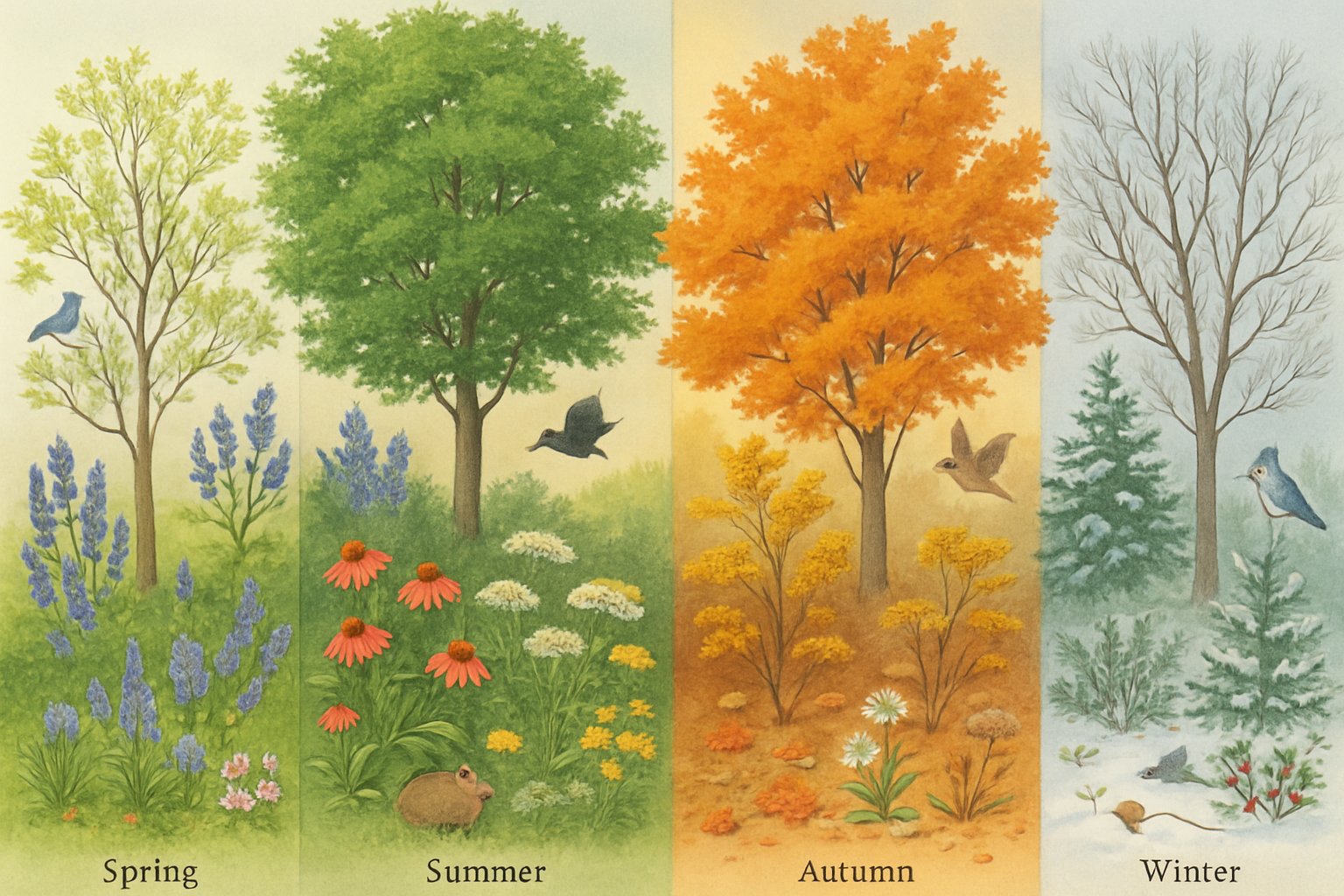 A natural park scene showing different plants, trees, and wildflowers across the four seasons with spring blooms, summer greenery, autumn leaves, and winter snow.