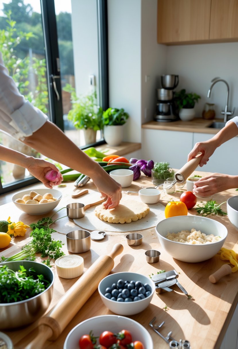 A kitchen countertop with hands shaping dough surrounded by baking tools and fresh ingredients.