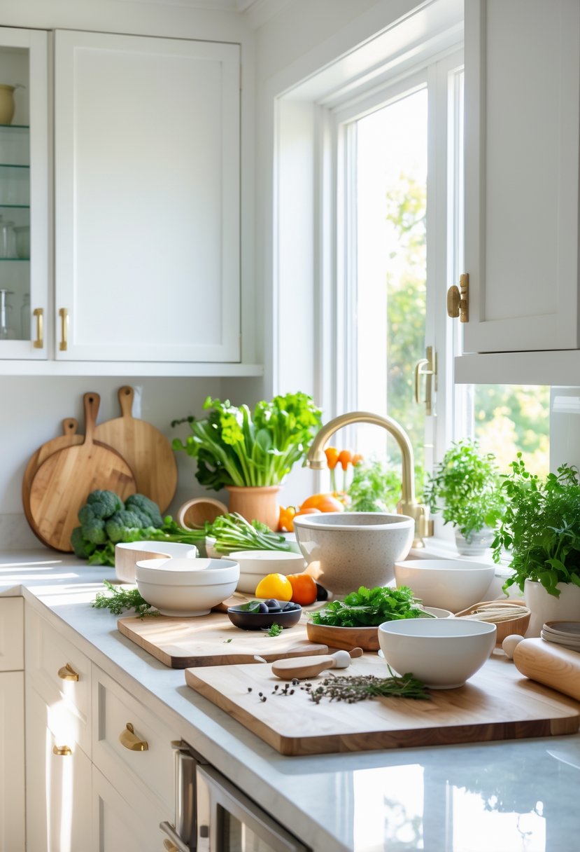 A home kitchen countertop with essential kitchen tools and fresh ingredients arranged neatly.